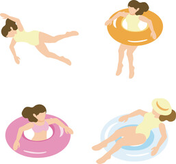 アイソメトリック　人物　女性　海　海水浴　プール　水着　水泳　夏　レジャー　トラベル　イラスト素材