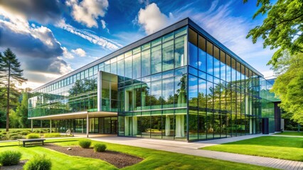 Contemporary university building with sleek glass facade, set amidst lush greenery and a serene natural landscape, glass walls, modern glass building