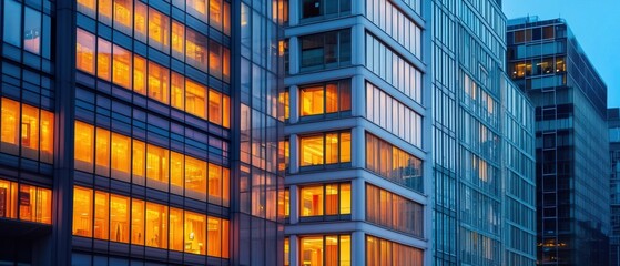 Fototapeta premium Modern office buildings with illuminated windows showcasing vibrant orange glow at twilight in an urban cityscape emphasizing glass architecture