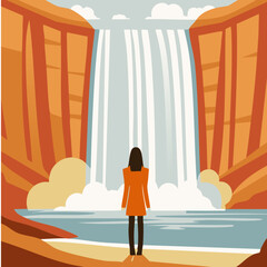 Obraz premium Wonder in the Face of Nature: An illustration shows a lone person, standing before a majestic waterfall cascading between towering canyon walls, contemplating the grandeur of the natural world.