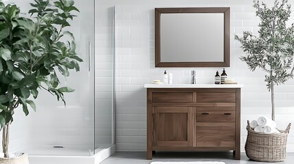 Modern bathroom with sink and mirror, plants, white tiles, towels, and shower
