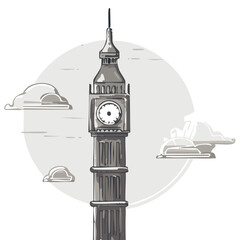 Iconic Landmark Illustration: An artistic illustration showcases the renowned Big Ben clock tower, a timeless symbol of London's skyline, presented in a striking monochromatic style.