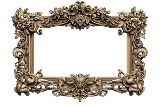 Ornate gold frame with floral and bird motifs elegant design luxury decor isolated on transparent background - Powered by Adobe