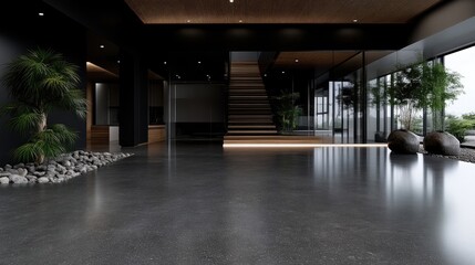 Fototapeta premium Modern minimalist interior design, showcasing a spacious entryway with a dark gray concrete floor, wooden stairs, and natural elements like plants and stones. Spacious, elegant, and tranquil