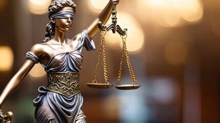 Lady Justice statue with scales of justice, courtroom interior