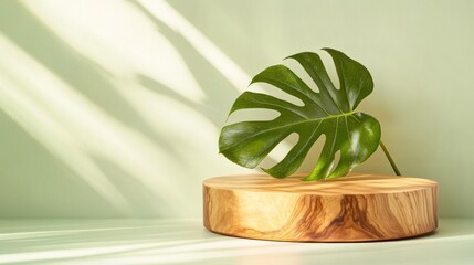 Green Monstera Leaf on Wooden Display Podium