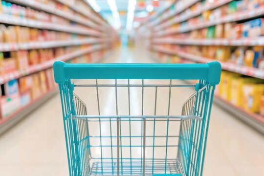 Vibrant Retail Exploration Minimalist Teal Shopping Cart in Hyperconnected Grocery Landscape - Consumer Choice and Modern Merchandising Experience