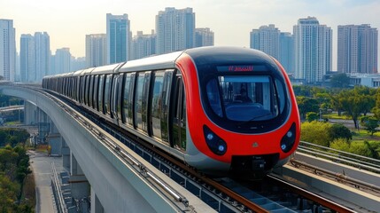 Naklejka premium Modern City Transit: Elevated Train on Urban Skyline