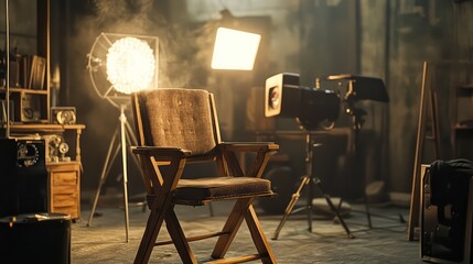 Director's chair on film set, studio lighting, vintage equipment
