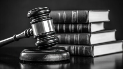 Judge's gavel and law books. Focus on justice and legal system.  Useful for legal themes, courtroom scenes, or educational purposes