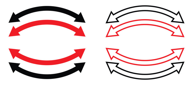 dual sided curve black and red arrow icon set. double headed semi circle arrow. semicircular curved thin long double ended arrow for app, ui, logo and web. vector illustration transparent background