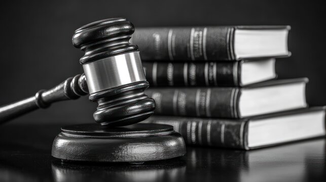 Judge's gavel and law books. Focus on justice and legal system.  Useful for legal themes, courtroom scenes, or educational purposes