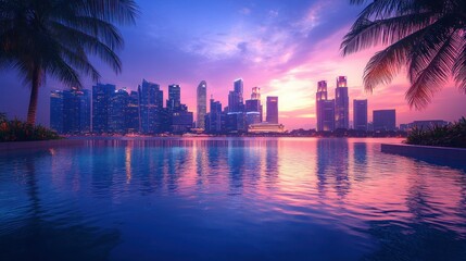Obraz premium Cityscape reflected in a pool at sunset