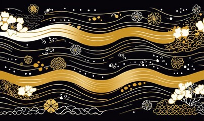Elegant Gold Waves Floral Design Black Background Artistic Pattern