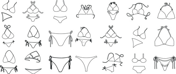 Bikini set vector illustration featuring various swimwear designs in black outline. Perfect for fashion, summer, beach, and swimwear concepts. Ideal for digital design, branding, and apparel industry