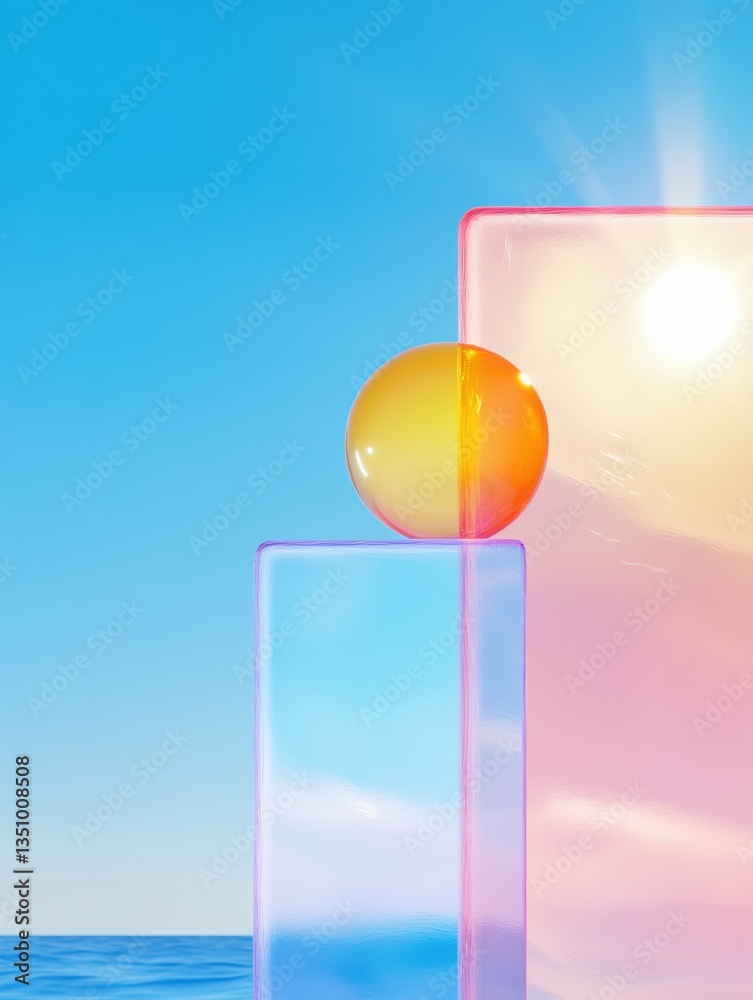 Poster gradient minimalism translucent geometric pedestal with vibrant sphere - contemporary design visuali