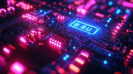 Obraz premium Close-up circuit board with neon glow