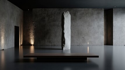 Minimalist Modern Gallery Space with Stone Sculpture