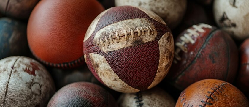 Vintage Collection of Various Sports Balls Including Football, Basketball, and Baseball with Weathered Textures and Unique Patterns for Sports Enthusiasts and Designers