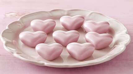 Pink heart candies on plate.