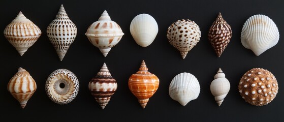 Collection of Various Colorful Shells Arranged in Neat Rows on a Black Background Showcasing Natural Patterns and Textures for Decorative Use