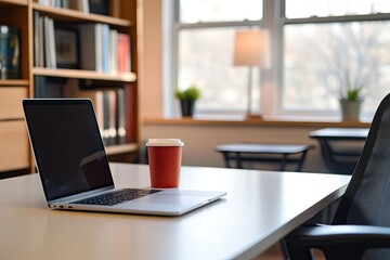 Modern workspace with laptop, coffee, and books