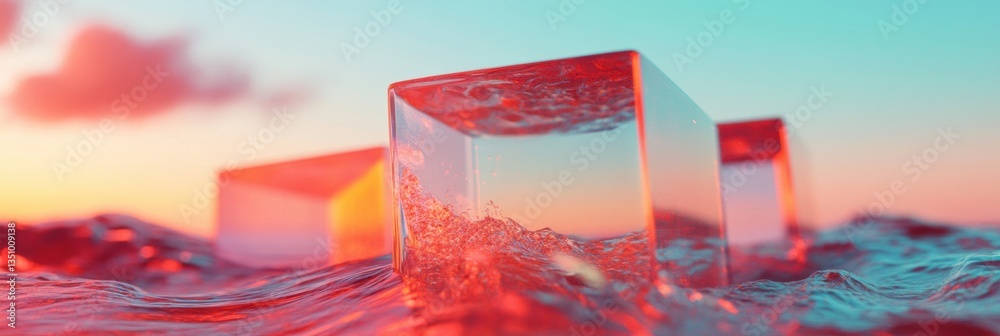 Poster liquid glass horizons transparent geometric cubes in fluid gradient landscape - immersive digital ar