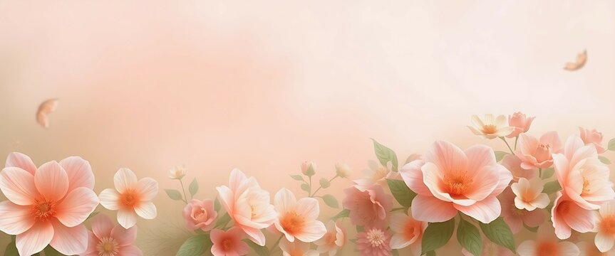 Blossoming peach flowers gently embracing springtime with a whisper of romance against an apricot sky pastel watercolor rendering soft focus and ethereal dreamlike quality, Banner
