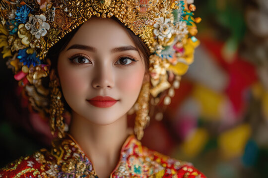 portrait of a beautiful Minangkabau woman wearing traditional Bundo Kanduang attire, golden suntiang headdress, red and gold songket, intricate patterns
