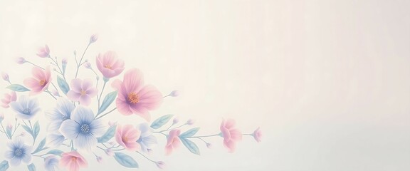 Watercolor flowers softly blooming in pastel dreams a gentle whisper of springtime beauty against a pale backdrop with a soft focus showcasing delicate petals and dreamy light, Banner