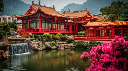 Fototapeta premium Red Chinese temple garden, mountain backdrop, tranquil pond, tourism
