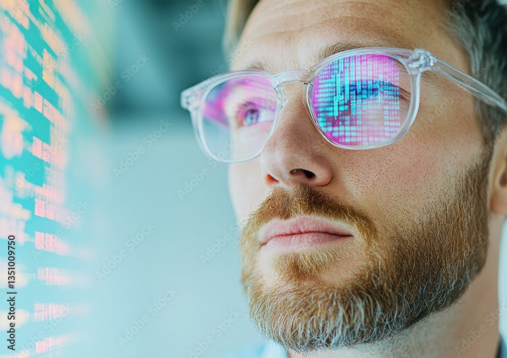 Poster Augmented Intelligence Neurodiverse Tech Innovator Visualizing Dynamic Market Trends through Holographic Data Visualization - Next-Gen Financial Analytics