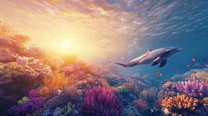 Fototapeta premium Dolphin swimming over vibrant coral reef at sunset; underwater paradise