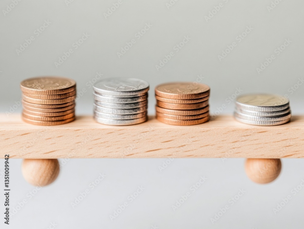Aufkleber Minimalist Financial Equilibrium AI-Enhanced Portfolio Balancing Visualized Through Precision-Stacked Metallic Coins on Sustainable Wooden Fulcrum
