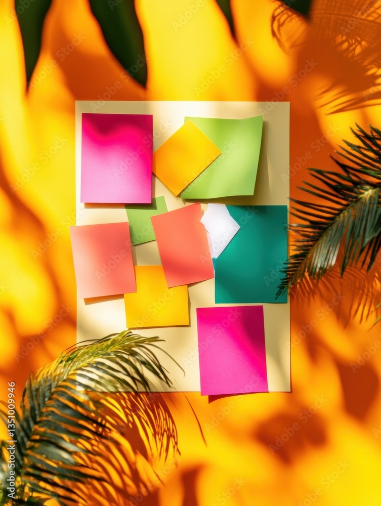 Poster Vibrant Digital Workflow Visualization Tropical Aesthetic Productivity Mockup with Gradient Sticky Notes and Palm Shadows - Creative Project Management Design