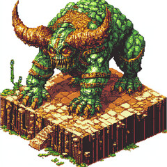 Pixelated Monster Statue with Horns Standing on Stone Platform
