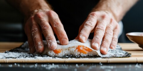 Artisan Sushi Crafting Minimalist Culinary Precision in 4K - Japanese Gastronomy Technique Showcasing Authentic Handmade Food Preparation for Culinary Professionals and Content Creators