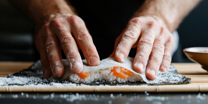 Artisan Sushi Crafting Minimalist Culinary Precision in 4K - Japanese Gastronomy Technique Showcasing Authentic Handmade Food Preparation for Culinary Professionals and Content Creators