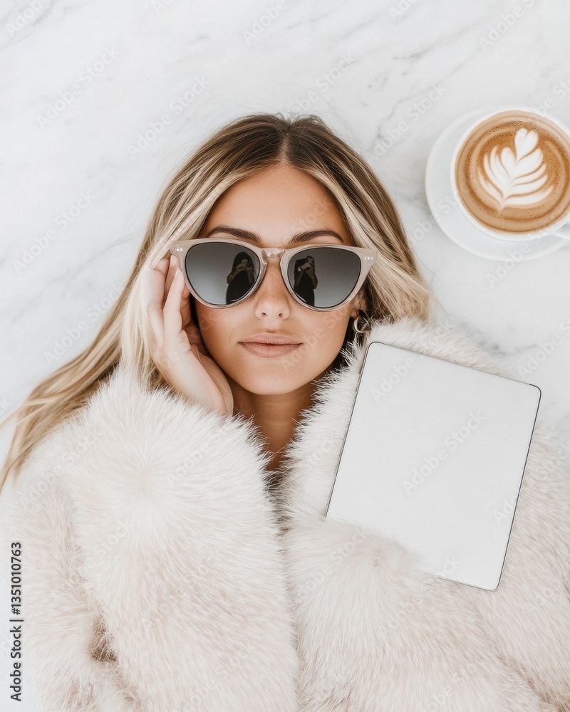 Poster urban minimalist workspace chic digital nomad in faux fur and aviators redefining flexible professio