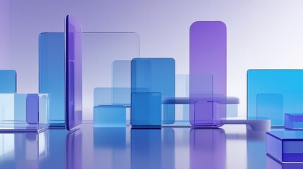 The image features futuristic glass panels and shapes in blue and purple, arranged on a reflective surface, with a softly lit background and a smooth, digital, and slightly abstract quality.