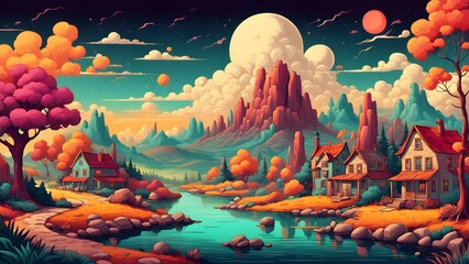Picturesque autumn village nestled beside a tranquil river, under a whimsical sky majestic mountains.