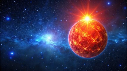 Obraz premium Deep space background with bright red star Betelgeuse prominently displayed against a dark blue backdrop, deep space