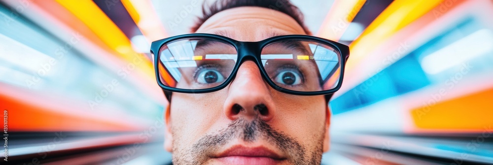 Poster Dynamic Urban Professional High-Intensity Focus and Tech-Driven Mindset Visualized Through Immersive Motion Blur and Expressive Eyewear in Corporate Innovation Landscape