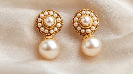Elegant bridal chandbali earrings with intricate pearl detailing on soft beige fabric background