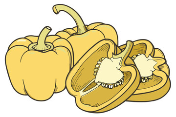 74 Yellow bell peppers, glossy skin, vibrant color, fresh produce, close-up, studio lighting, white background, high detail, photorealistic, food photography, culinary ingredients, healthy eating, veg