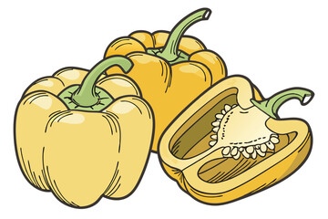 74 Yellow bell peppers, glossy skin, vibrant color, fresh produce, close-up, studio lighting, white background, high detail, photorealistic, food photography, culinary ingredients, healthy eating, veg