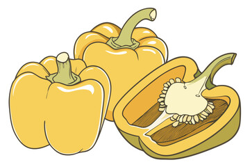 74 Yellow bell peppers, glossy skin, vibrant color, fresh produce, close-up, studio lighting, white background, high detail, photorealistic, food photography, culinary ingredients, healthy eating, veg