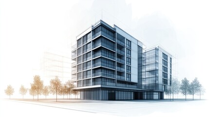 Architectural drawing of modern apartment building, urban landscape, conceptual design, for commercial use