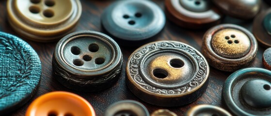 Fototapeta premium Collection of Colorful Vintage Buttons on a Wooden Surface Showcasing Different Shapes, Textures, and Colors for Craft and Design Inspiration