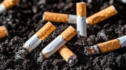Healthy Burning cigarette Smoke risk Cigarette butts discarded in ash.